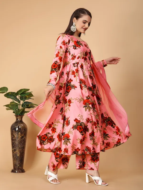 Pink_Georgette_Floral_Print_Gown_With_Dupatta_And_Bottom_Wear