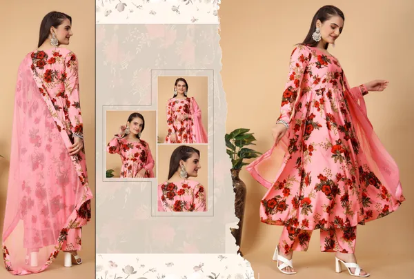 Pink_Georgette_Floral_Print_Gown_With_Dupatta_And_Bottom_Wear
