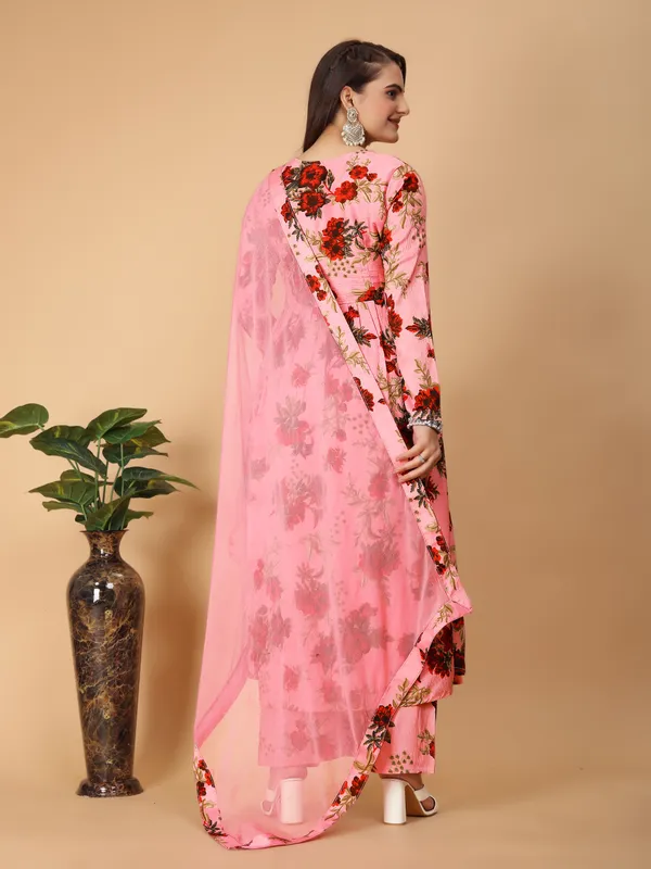 Pink_Georgette_Floral_Print_Gown_With_Dupatta_And_Bottom_Wear