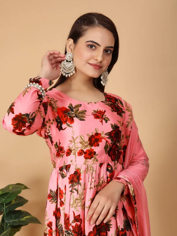 Pink_Georgette_Floral_Print_Gown_With_Dupatta_And_Bottom_Wear