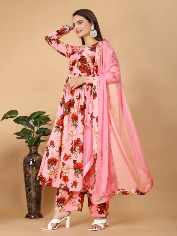 Pink_Georgette_Floral_Print_Gown_With_Dupatta_And_Bottom_Wear