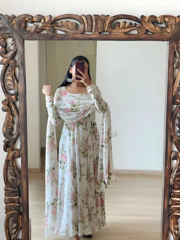 White_Printed_Gown_With_Dupatta_Set