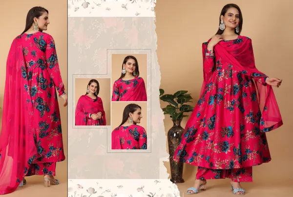 Red_Georgette_Floral_Print_Gown_With_Dupatta_And_Bottom_Wear