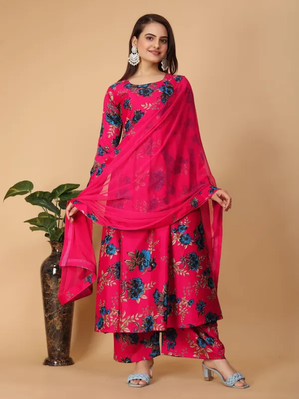 Red_Georgette_Floral_Print_Gown_With_Dupatta_And_Bottom_Wear