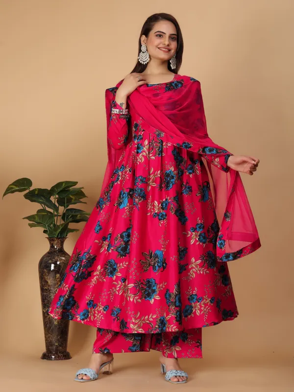 Red_Georgette_Floral_Print_Gown_With_Dupatta_And_Bottom_Wear