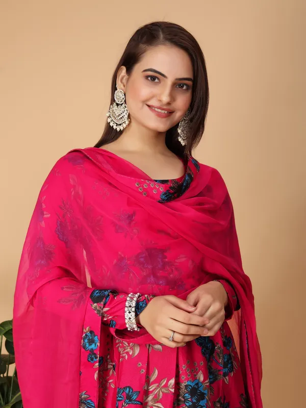 Red_Georgette_Floral_Print_Gown_With_Dupatta_And_Bottom_Wear