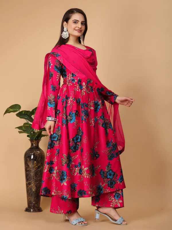 Red_Georgette_Floral_Print_Gown_With_Dupatta_And_Bottom_Wear