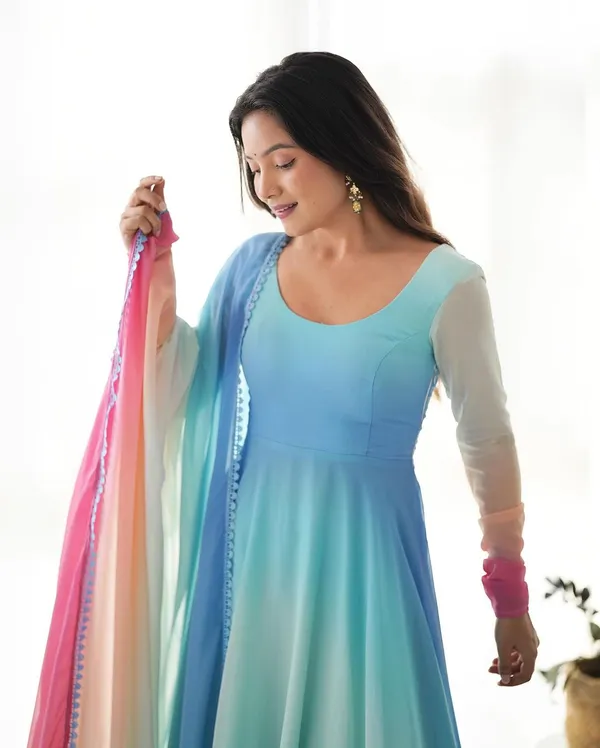 Sky_Blue_Multi_Color_Printed_Georgette_Designer_Long_Kurti_With_Dupatta_And_Pant