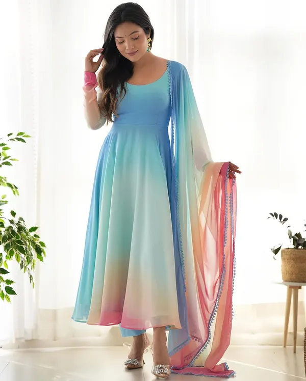Sky_Blue_Multi_Color_Printed_Georgette_Designer_Long_Kurti_With_Dupatta_And_Pant