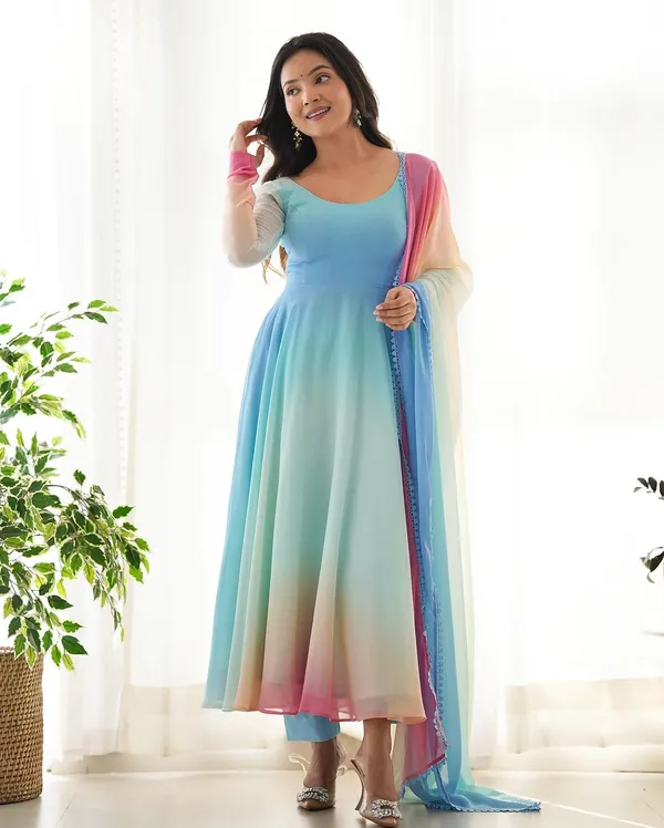 Sky_Blue_Multi_Color_Printed_Georgette_Designer_Long_Kurti_With_Dupatta_And_Pant