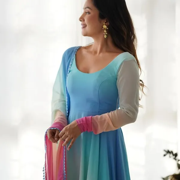 Sky_Blue_Multi_Color_Printed_Georgette_Designer_Long_Kurti_With_Dupatta_And_Pant