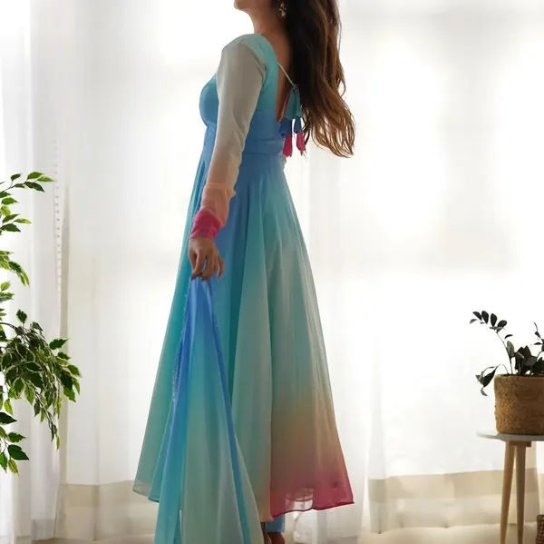 Sky_Blue_Multi_Color_Printed_Georgette_Designer_Long_Kurti_With_Dupatta_And_Pant