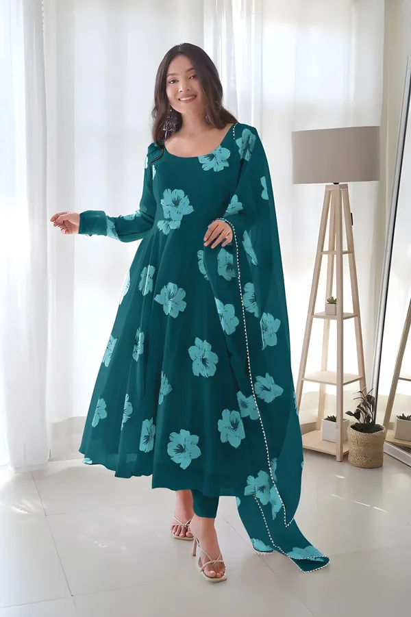 Green_Georgette_Printed_Three-Quarter_Sleeves_Gown_And_Pant_With_Dupatta_Set