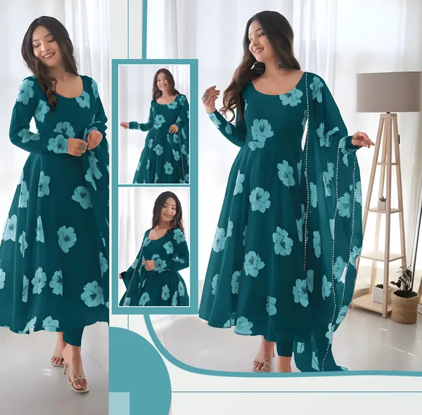 Green_Georgette_Printed_Three-Quarter_Sleeves_Gown_And_Pant_With_Dupatta_Set