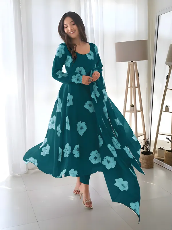 Green_Georgette_Printed_Three-Quarter_Sleeves_Gown_And_Pant_With_Dupatta_Set