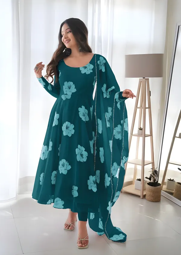 Green_Georgette_Printed_Three-Quarter_Sleeves_Gown_And_Pant_With_Dupatta_Set