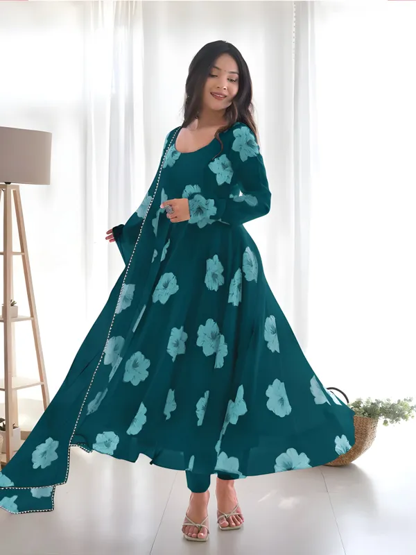 Green_Georgette_Printed_Three-Quarter_Sleeves_Gown_And_Pant_With_Dupatta_Set