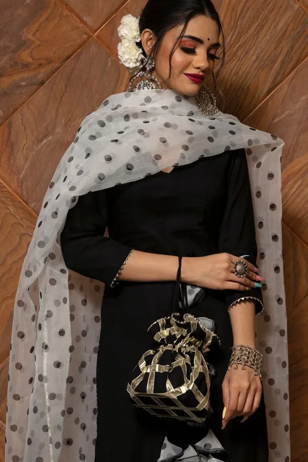 ZestLeaf_Handcrafted_Black_Rayon_Kurta,_Pant,_and_Organza_Dupatta_Set