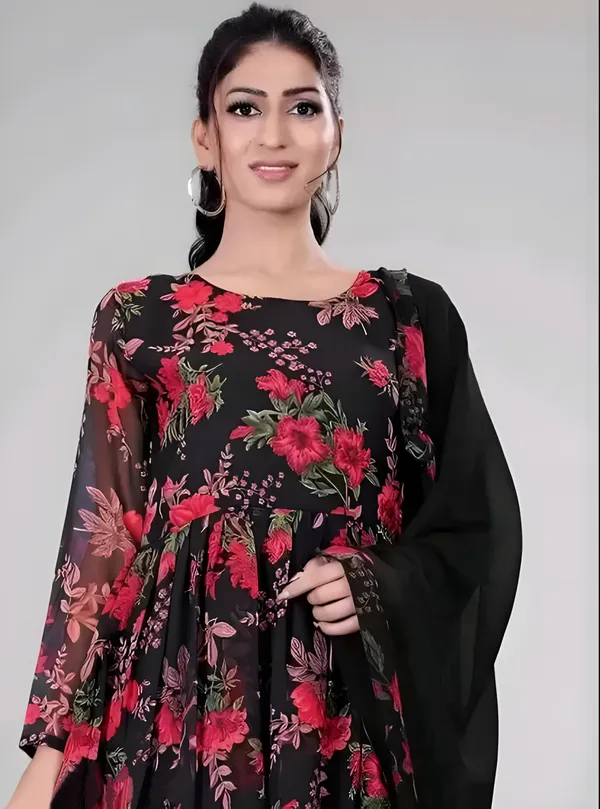 Black_Georgette_Floral_Print_Gown_With_Dupatta_And_Bottom_Wear