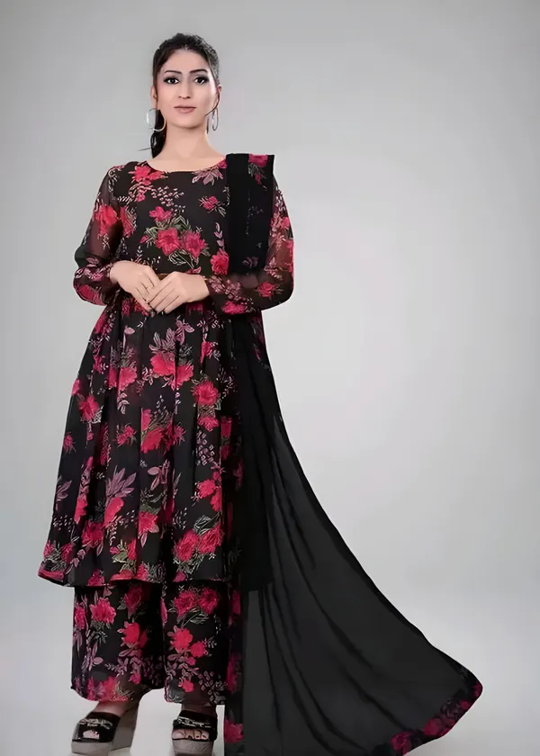 Black_Georgette_Floral_Print_Gown_With_Dupatta_And_Bottom_Wear