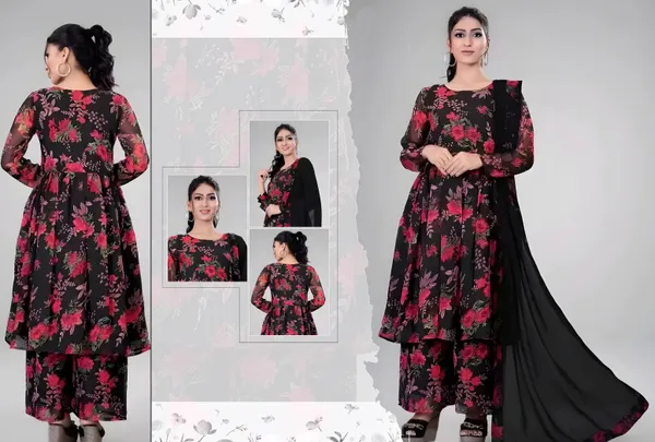 Black_Georgette_Floral_Print_Gown_With_Dupatta_And_Bottom_Wear