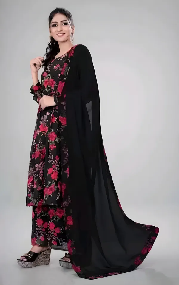 Black_Georgette_Floral_Print_Gown_With_Dupatta_And_Bottom_Wear
