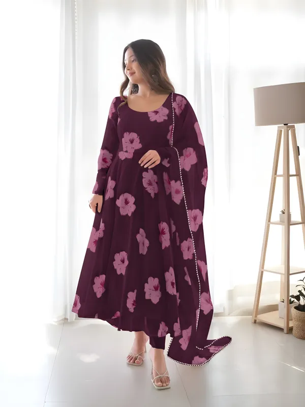 Purple_Georgette_Printed_Three-Quarter_Sleeves_Gown_And_Pant_With_Dupatta_Set