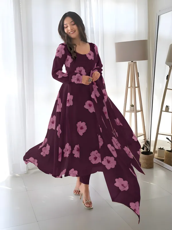 Purple_Georgette_Printed_Three-Quarter_Sleeves_Gown_And_Pant_With_Dupatta_Set