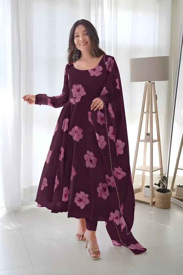 Purple_Georgette_Printed_Three-Quarter_Sleeves_Gown_And_Pant_With_Dupatta_Set