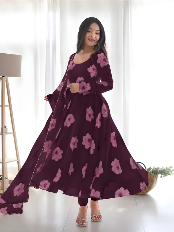 Purple_Georgette_Printed_Three-Quarter_Sleeves_Gown_And_Pant_With_Dupatta_Set