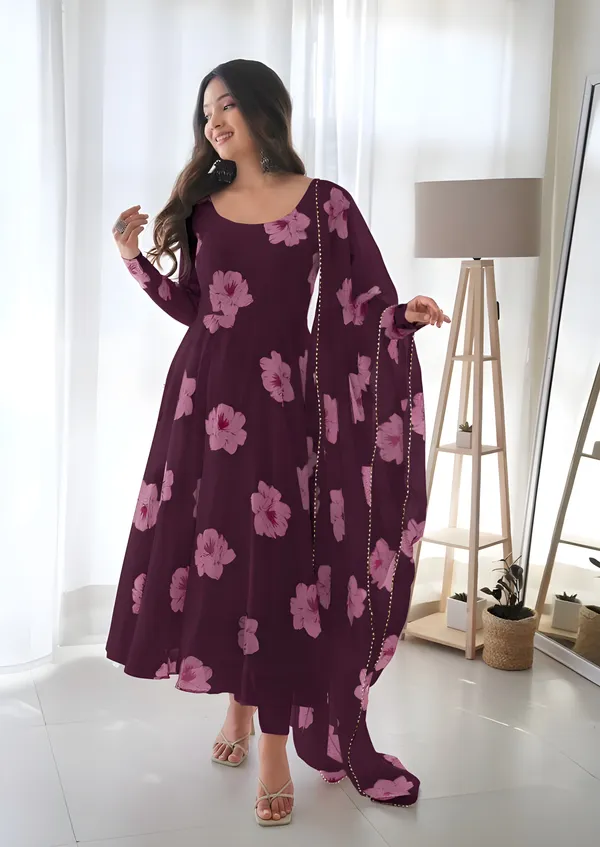 Purple_Georgette_Printed_Three-Quarter_Sleeves_Gown_And_Pant_With_Dupatta_Set