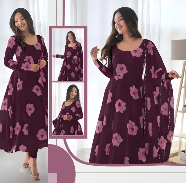 Purple_Georgette_Printed_Three-Quarter_Sleeves_Gown_And_Pant_With_Dupatta_Set