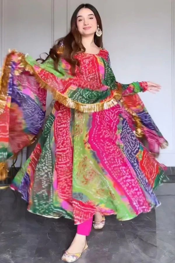 Multicolor_Bandhani_Print_Georgette_Checked_Full_Sleeves_Kurta_And_Dupatta_Set