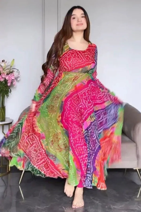 Multicolor_Bandhani_Print_Georgette_Checked_Full_Sleeves_Kurta_And_Dupatta_Set