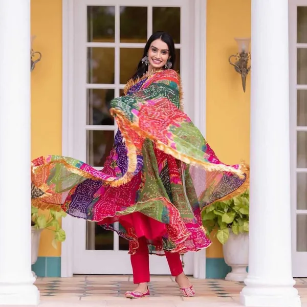 Multicolor_Bandhani_Print_Georgette_Checked_Full_Sleeves_Kurta_And_Dupatta_Set
