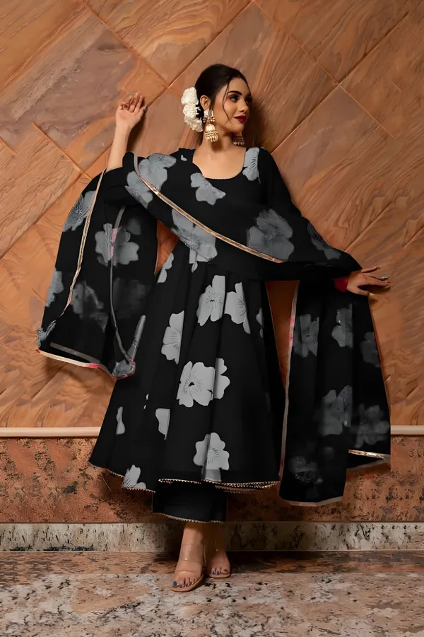 Black_Anarkali_Gown_Set_|_Elegant_Blossom_Georgette_Floral_Print_Gown_With_Dupatta