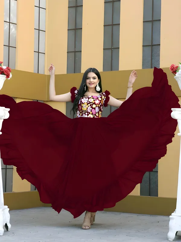 Maroon_Elegant_Embroidered_Georgette_Maxi_Dress