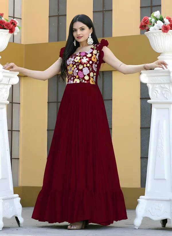 Maroon_Elegant_Embroidered_Georgette_Maxi_Dress