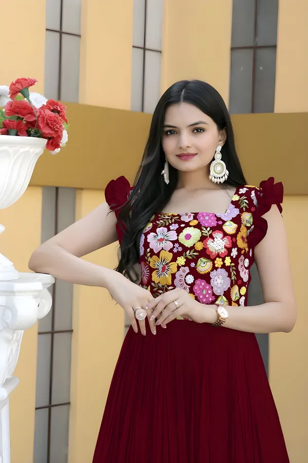 Maroon_Elegant_Embroidered_Georgette_Maxi_Dress