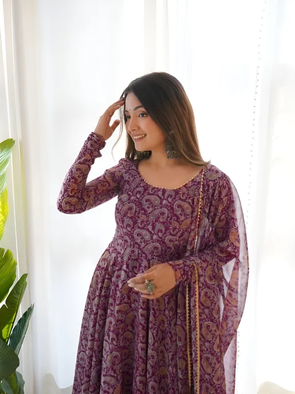 Purple_Three-Quarter_Sleeves_Elegant_Georgette_Printed_Kurti_With_Attached_Dupatta