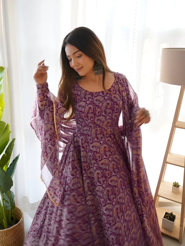 Purple_Three-Quarter_Sleeves_Elegant_Georgette_Printed_Kurti_With_Attached_Dupatta