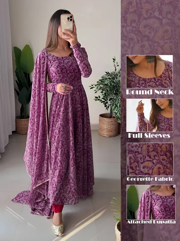 Purple_Three-Quarter_Sleeves_Elegant_Georgette_Printed_Kurti_With_Attached_Dupatta
