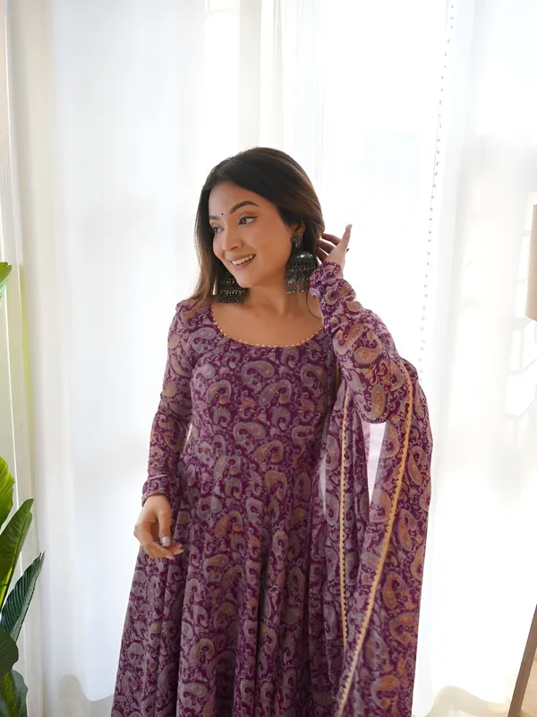 Purple_Three-Quarter_Sleeves_Elegant_Georgette_Printed_Kurti_With_Attached_Dupatta