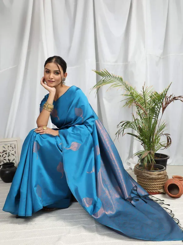 Jacquard Lichi Silk Sky Blue Saree With Unstiched Blouse Piece main image 0