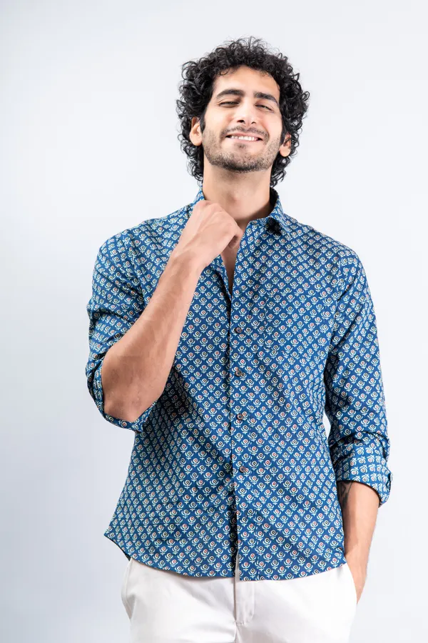 Blue_Small_Buti_Print_Regular_Fit_Full_Sleeves_Soft_Cotton_Shirt_With_Spread_Collar_Breathable_&_Comfortable