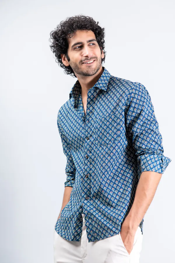 Blue_Small_Buti_Print_Regular_Fit_Full_Sleeves_Soft_Cotton_Shirt_With_Spread_Collar_Breathable_&_Comfortable