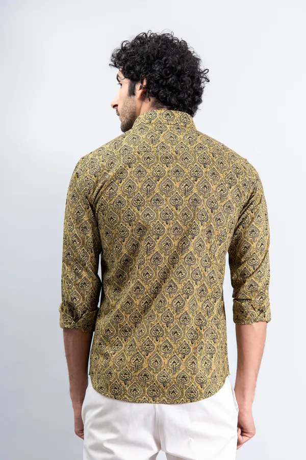 Golden_Yellow_Regular_Fit_Betel_Print_Fullsleeves_Soft_Cotton_Shirt_With_Spread_Collar