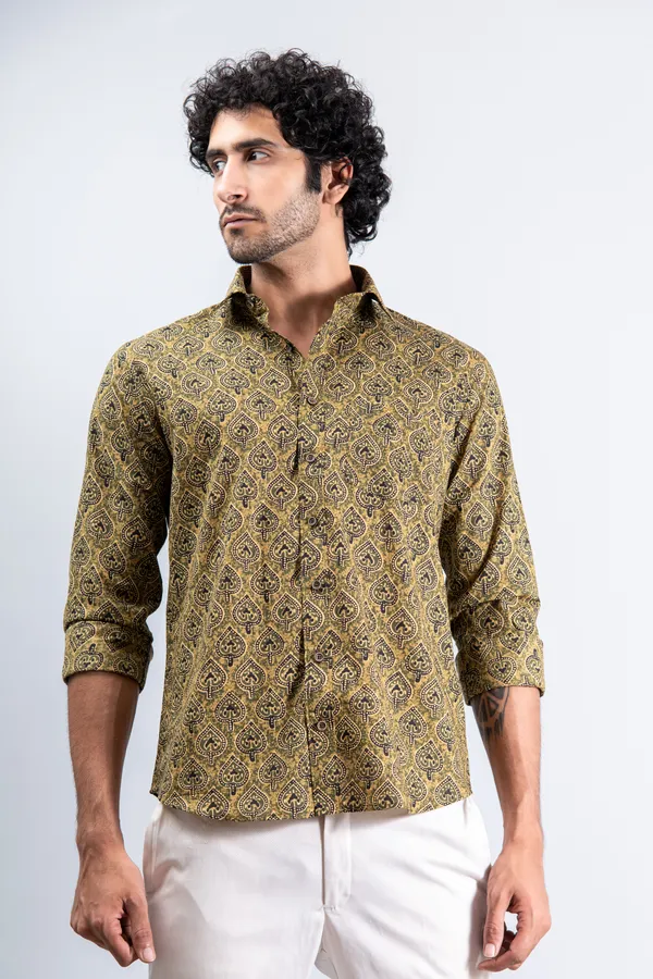 Golden_Yellow_Regular_Fit_Betel_Print_Fullsleeves_Soft_Cotton_Shirt_With_Spread_Collar