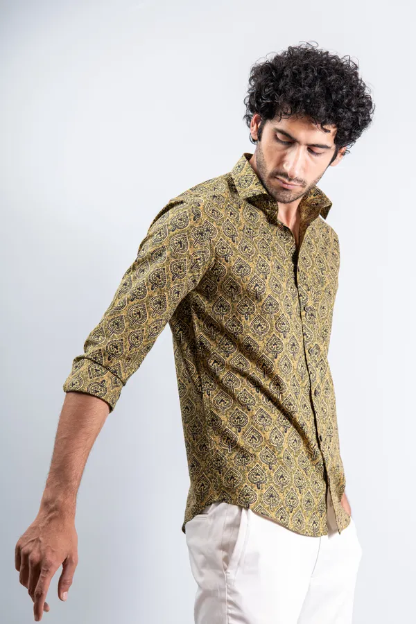 Golden_Yellow_Regular_Fit_Betel_Print_Fullsleeves_Soft_Cotton_Shirt_With_Spread_Collar