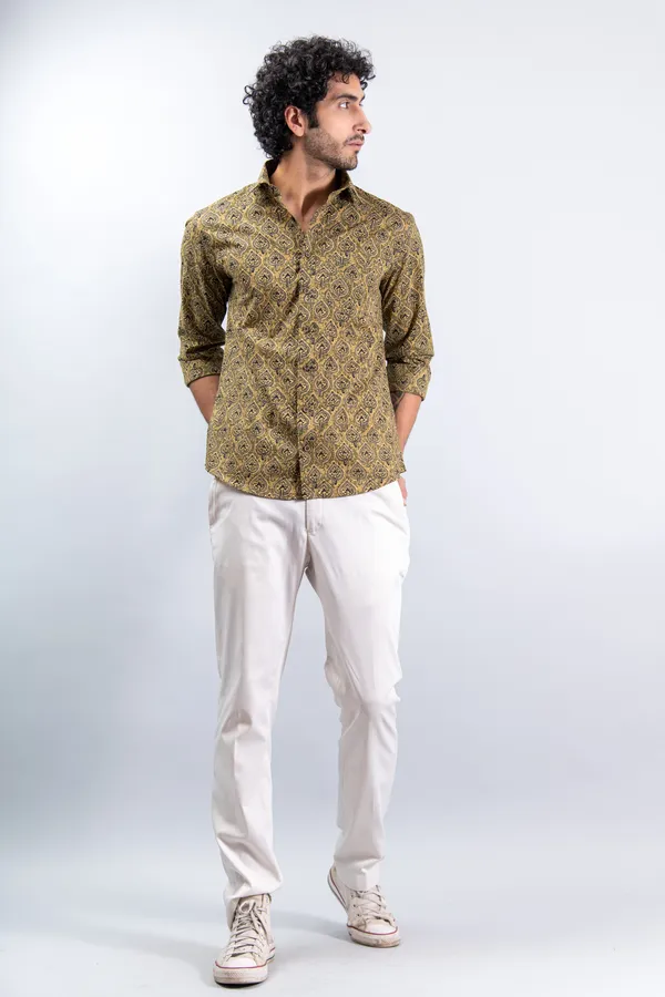 Golden_Yellow_Regular_Fit_Betel_Print_Fullsleeves_Soft_Cotton_Shirt_With_Spread_Collar